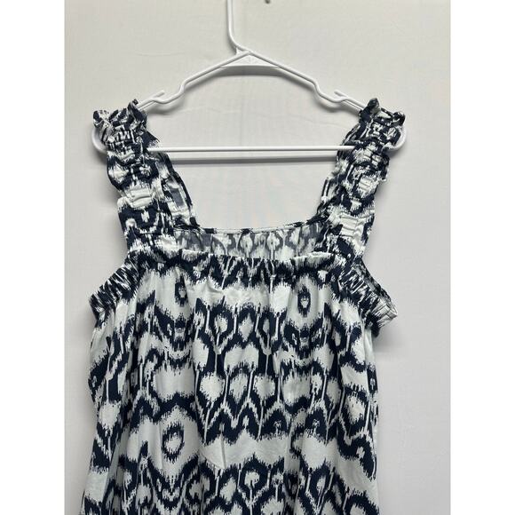 Brochu Walker Navy Ikat Print Cotton Midi Dress Large Sleeveless Ruffle Strap - Picture 9 of 12
